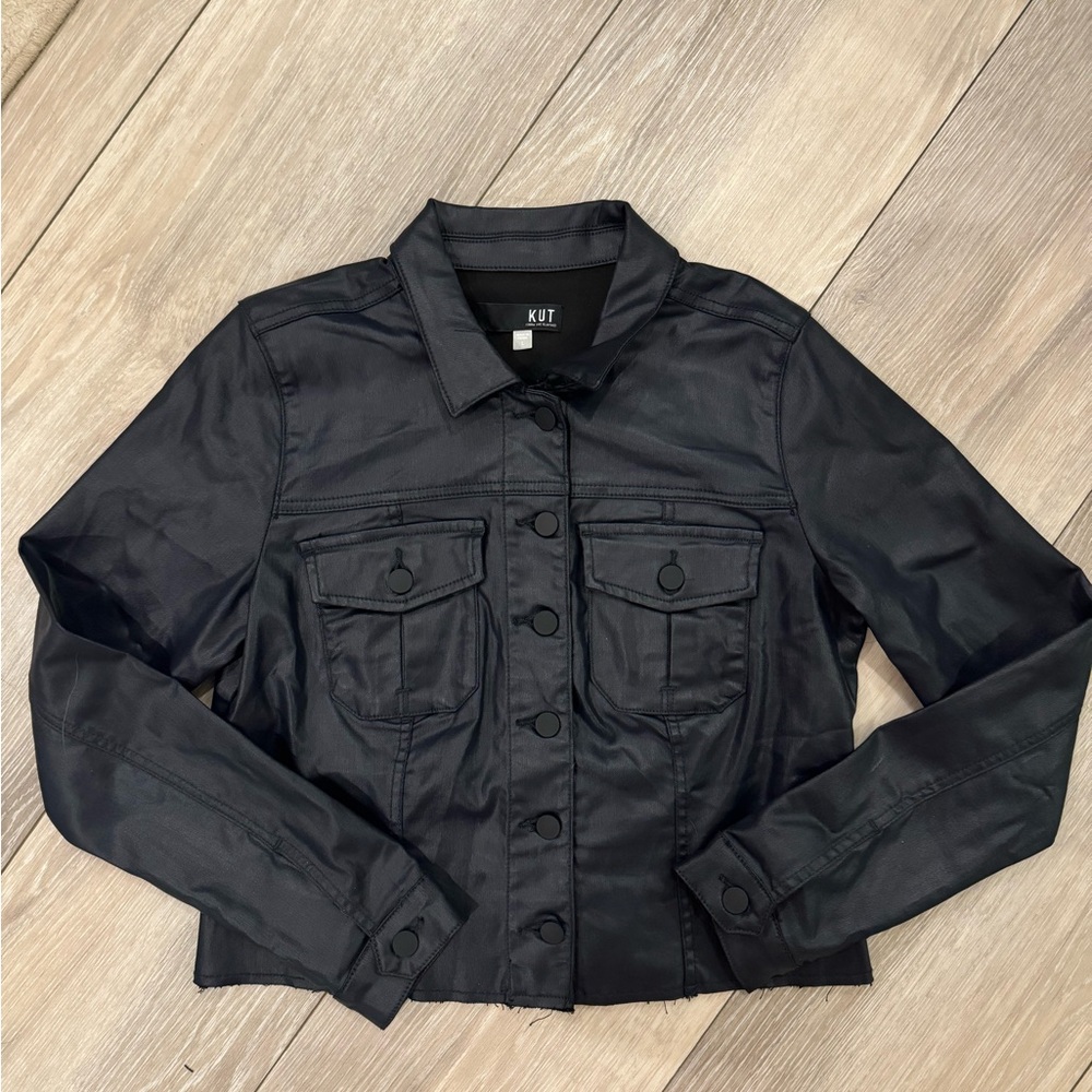 KUT from the Kloth Dark Navy Cropped Shiny Faux Leather Jacket